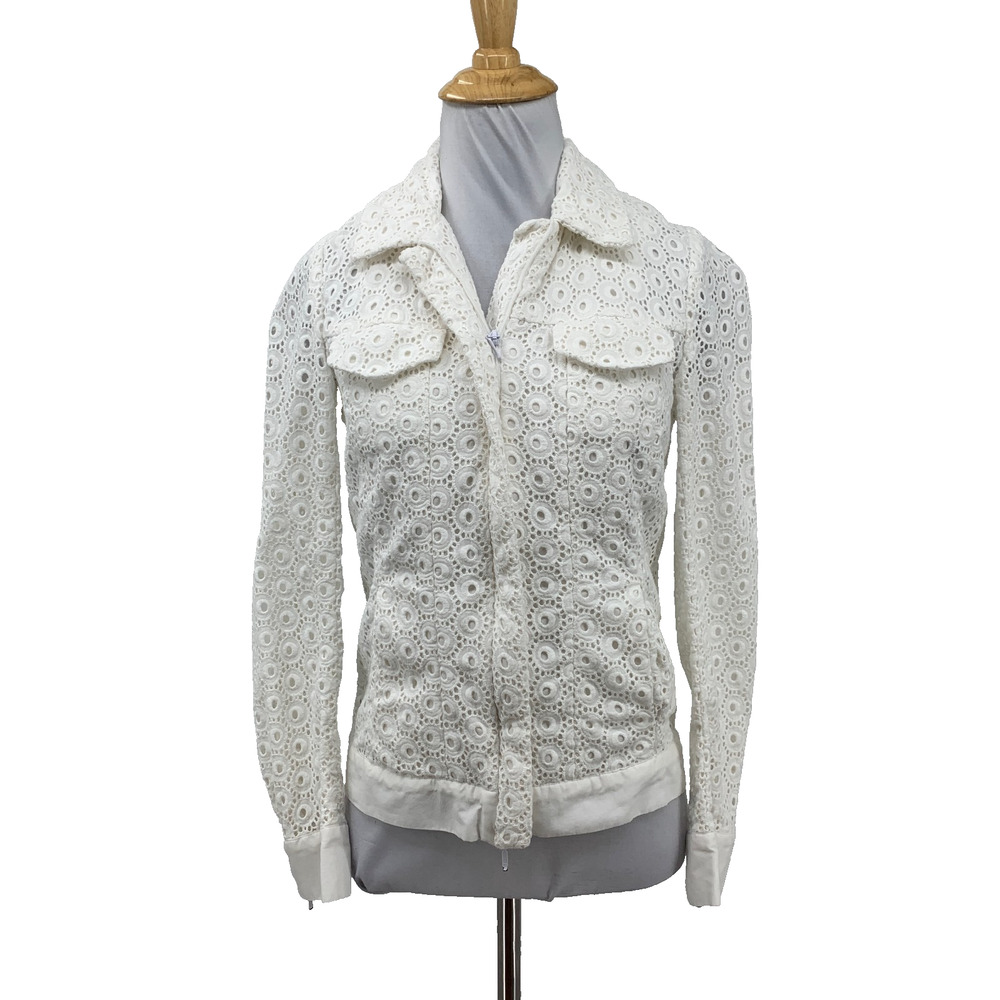 Anne Fontaine Jacket Womens 36 White Ugoline Casual Eyelet Overlay Full Zip Crop